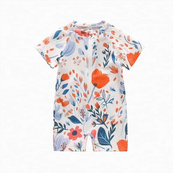 UAYOTSE Toddler Boys Sun Swimsuit Animal World Floral Print Zipper Short Sleeve Childrens Swimsuit,Sizes 0-6 Months