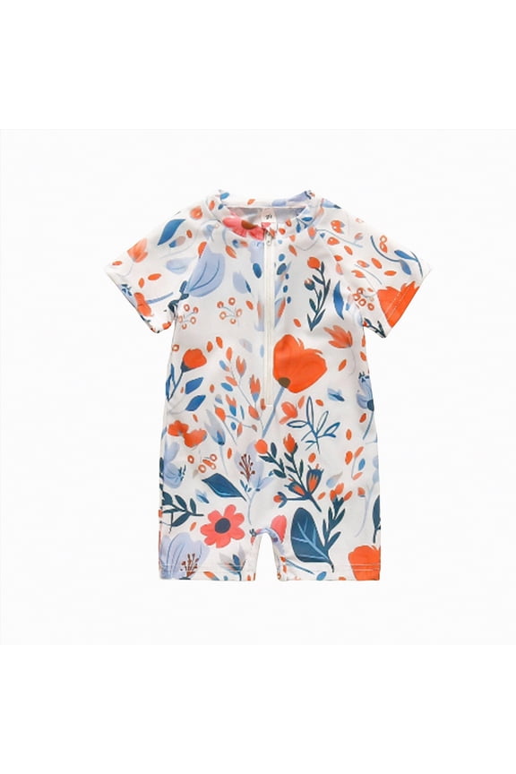 Toddler Boys Sun Swimsuit Animal World Floral Print Zipper Short Sleeve Childrens Swimsuit,Sizes 0-6 Months