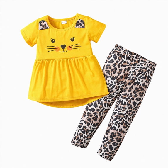 UAYOTSE Toddler Girl Cartoon Animal Ruffle Tunic Top Leopard Print Stretch Leggings 2Pcs Outfit Set,Sizes 3-4 Years