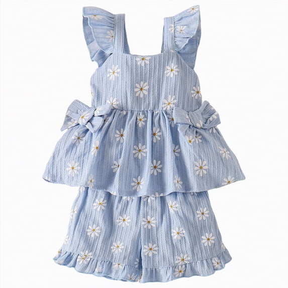 UAYOTSE Toddler Girl Clothes Baby Summer Spring Outfits Cute Bow Button Smocked Ruffle Sleeve Tops + Girls Shorts Set,Sizes 3-4 Years