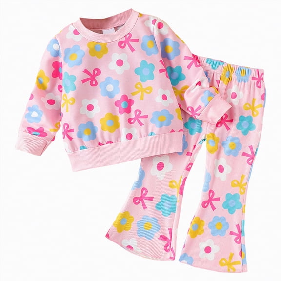 UAYOTSE Toddler Girl Clothes Kids Outfits Floral Bow Long Sleeve Ribbed Sweatshirt Bell Bottom Pants Set Fall Winter Clothing for Girls,Sizes 9-12 Months