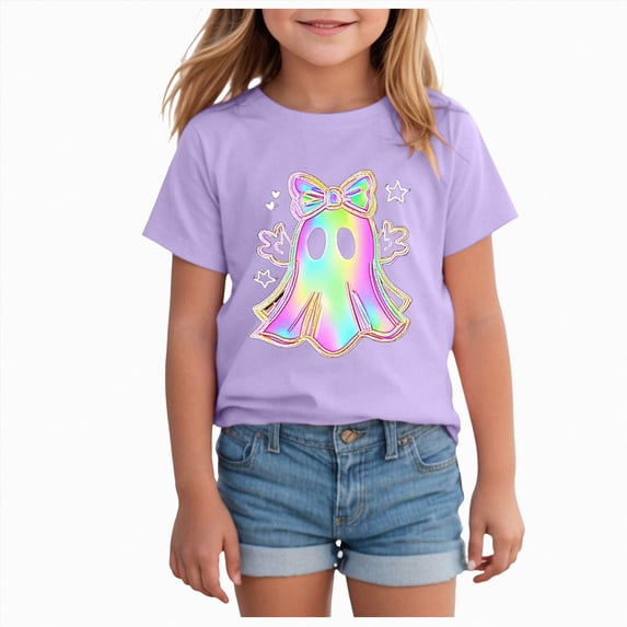 UAYOTSE Toddler Girl Cute Holiday Tee Halloween Pretty Bow Ghost Print Lightweight Short Sleeve Crew Neck Tops,Sizes 12-13 Years