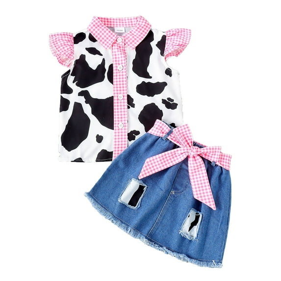 UAYOTSE Toddler Girl Denim Western Outfit Baby Cowgirl Clothes Ruffle Cow Print Shirt Button Tops Belted Jeans Shorts,18-24 Months Pink