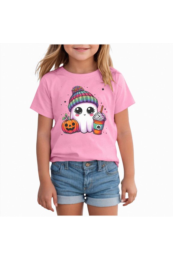 Toddler Girl Short Sleeve Crew Neck Shirt Halloween Stylish Bow Ghost Print Kid Holiday Outfit Tee,Sizes 6-7 Years