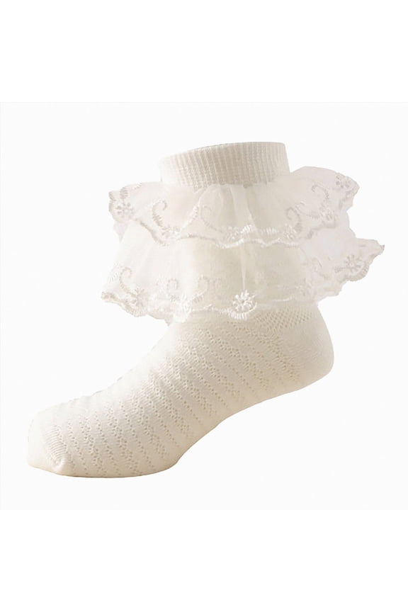 Toddler Girls Breathable Waffle Knit Ankle Socks Double-Layer Sheer Organza Lace Ruffle Cuff Floral Embroidery Princess Socks,Sizes 6-8 Years
