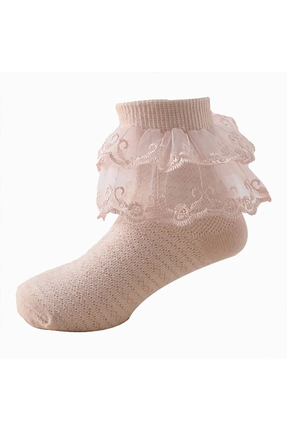 Toddler Girls Breathable Waffle Knit Ankle Socks Double-Layer Sheer Organza Lace Ruffle Cuff Floral Embroidery Princess Socks,Sizes 6-8 Years