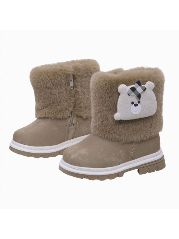 Toddler Girls Fuzzy Bear Snow Boots Fleece Lined Side Zipper Warm Winter Shoes