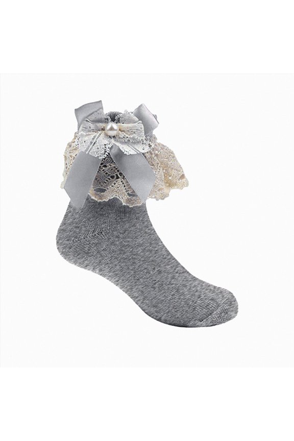 Toddler Girls Hollow Eyelet Lace Ruffle Ankle Socks Satin Bow With Pearl Decor Soft Knit Princess Dress Socks,Sizes 1-2 Years