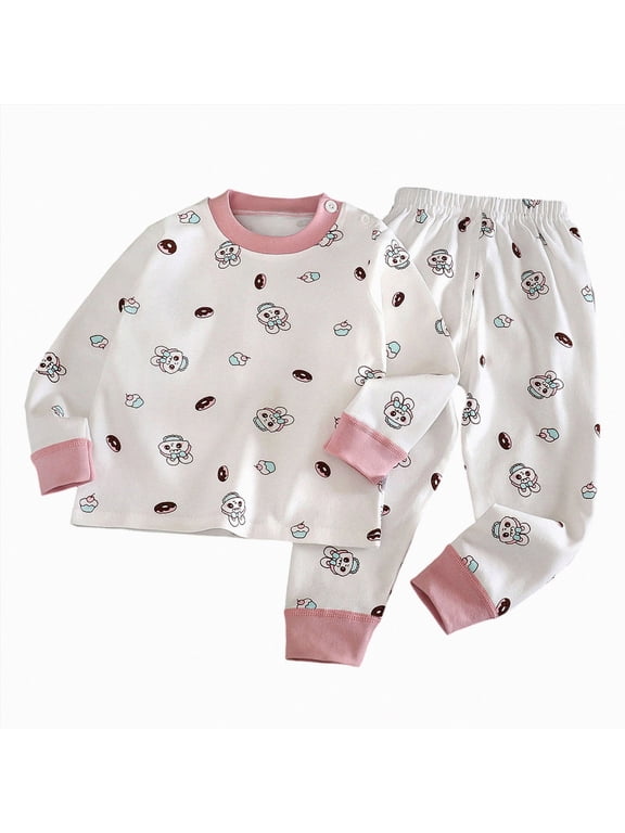 Toddler Girls Long Sleeve Sleepwear Set Cute All Over Print Cotton Top and Bottom Outfit for Infant Home Nightwear