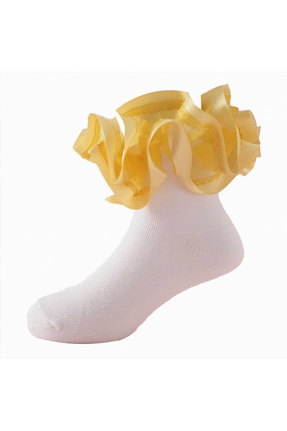Toddler Girls Vertical Rib Knit Ankle Socks Oversized Satin Tulle Ruffle Bow Decor Soft Princess Dress Socks,Sizes 6-8 Years