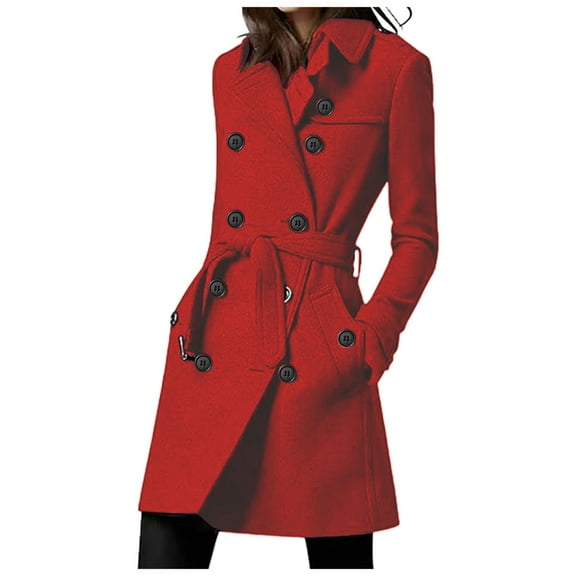 UAYOTSE Trench Coats for Women 2024 Winter Wool Coat Notch Lapel Double Breasted Pea coat,Red L