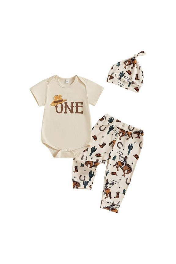 Western Baby Boy First Birthday Outfit Cute Letter Short Sleeve Romper Long Pants Cowboy Outfit(12-18 Months,Beige)