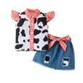 thumbnail image 1 of UAYOTSE Western Toddler Girls Denim Outfits Ruffle Sleeveless Cow Print Shirt Button Tops Belted Wide Leg Jeans Shorts,4-5 Years Red, 1 of 9