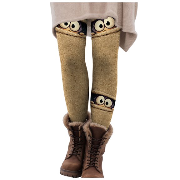 UAYOTSE Winter Leggings for Women Thermal Warm Fleece Lined High-waisted Tights Christmas Halloween Print Skinny Full Length Legging(L,C62-Khaki)