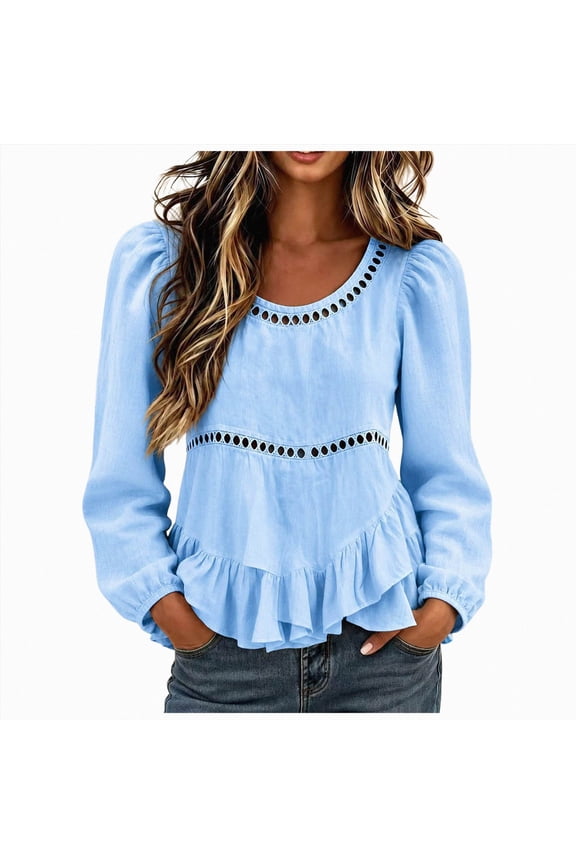 Women Eyelet Lace Trim Blouse Long Puff Sleeve Ruffle Hem Casual Fall Boho Top,Sizes XL
