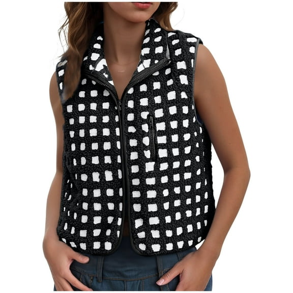UAYOTSE Women Fall and Winter Soild Color Fleece Vest Sleeveless Fashion Zipper Vest Checkered Vest(S193-Black,M)