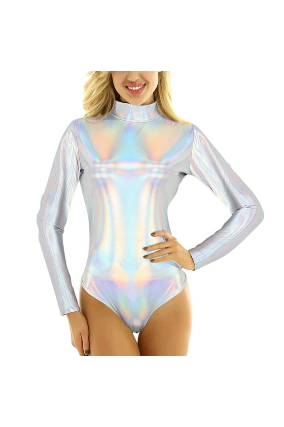 Women Metalic Long Sleeve Bodysuit Turtleneck Shiny Dance Leotard One Piece Gymnastics Unitard,S Silver