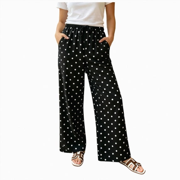 UAYOTSE Women Satin Dotted Home Pants Loose Straight Leg Casual Pants,Sizes L