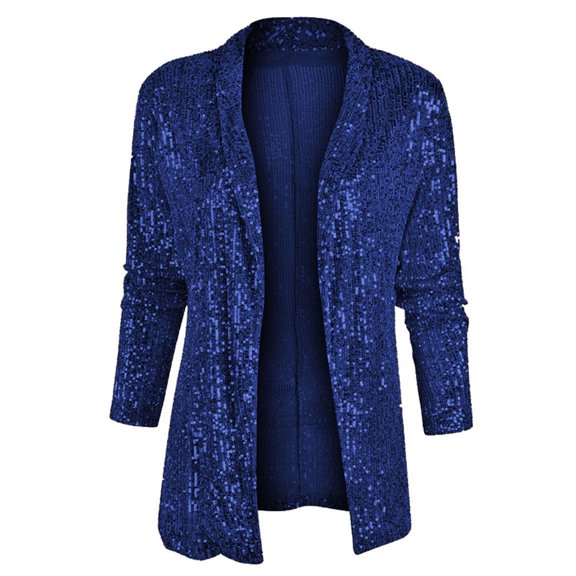 UAYOTSE Women Sequins Tassel Bomber Jackets Glitter Long Sleeve Jacket Sparkly Open Front Party,Navy S
