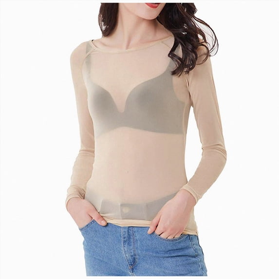 UAYOTSE Women Sheer Mesh Long Sleeve Layering Top, Slim Fit See‑Through Round Neck Base Shirt Size XL