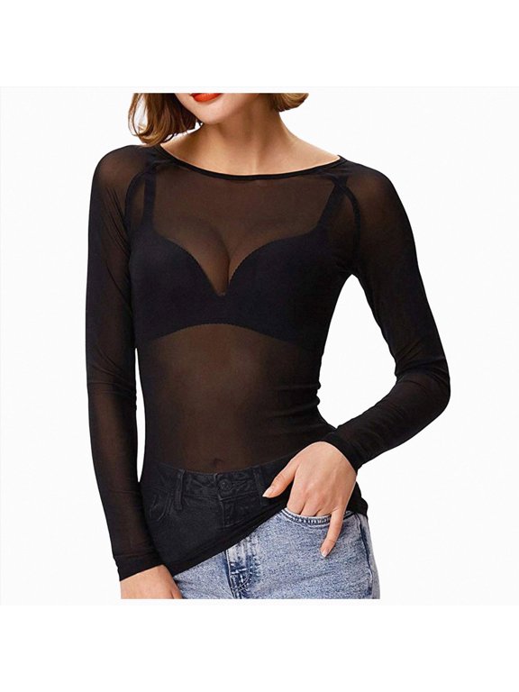 Women Sheer Mesh Long Sleeve Layering Top, Slim Fit See‑Through Round Neck Base Shirt Size XXL