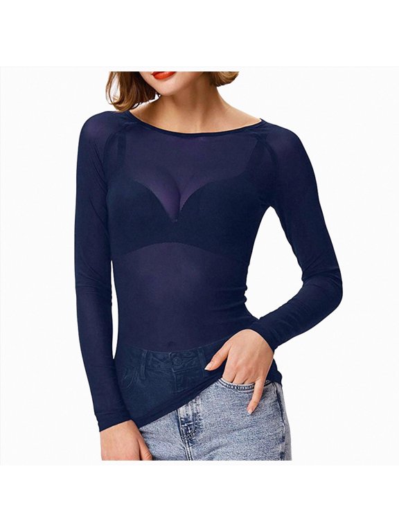 Women Sheer Mesh Long Sleeve Layering Top, Slim Fit See‑Through Round Neck Base Shirt Size XXL
