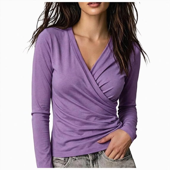 UAYOTSE Women Surplice Wrap V‑Neck Long Sleeve Top Slim Fitted Cross Front Casual Tee For Daily Outfit Size M