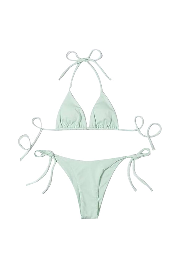 Women's 2 Piece Tie Knot Halter Shell Pom Triangle Bikini Sets Bathing Suits,M Mint Green