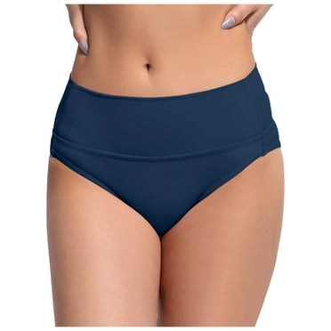 UAYOTSE Women's Bikini Swim Bottom Briefs Ribbed High Cut Mid Waist Cheeky Bathing Suit Bottom,L Navy