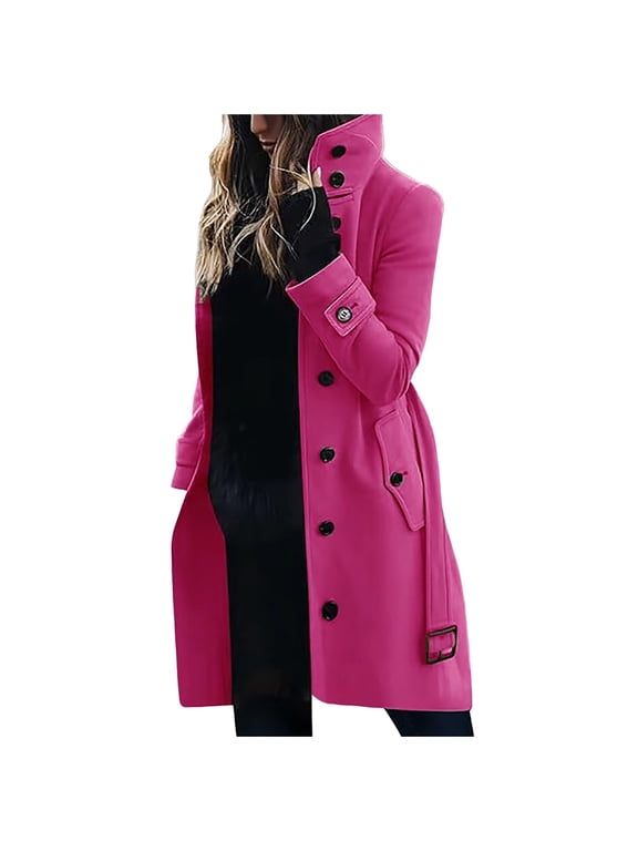 Women's Classic Notched Collar Double Wool Blend Pea Coat,Hot Pink XL