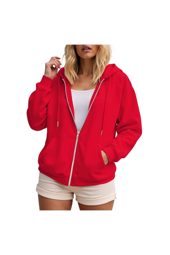 Women's Fleece Lined Zip Up Hoodies Casual Hooded Jacket Workout Full Zip Sweatshirts Pocket Coats(G239-Red,S)