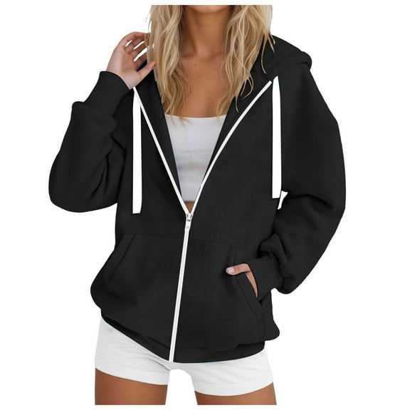 UAYOTSE Women's Full Zip Up Hoodie Long Sleeve Hooded Sweatshirts Pockets Jacket Coat for Women(G160-Black,XL)