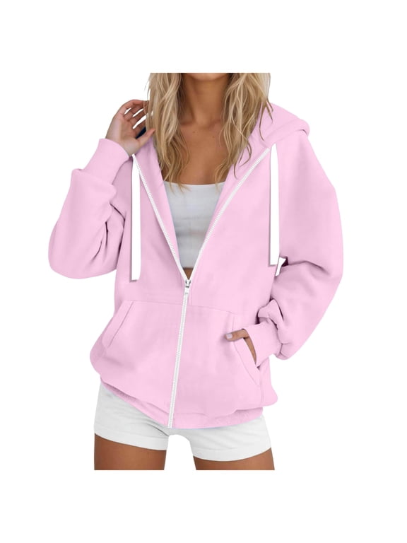Women's Full Zip Up Hoodie Long Sleeve Hooded Sweatshirts Pockets Jacket Coat for Women(G168-Pink,M)