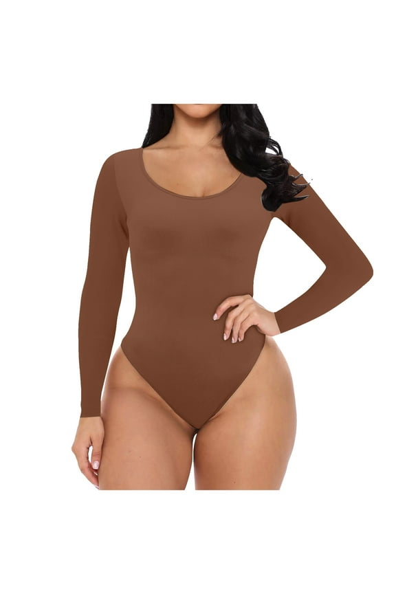 Women's Henley Shirt Scoop Neck Button Down Ribbed Long Sleeve Bodysuits,L Brown