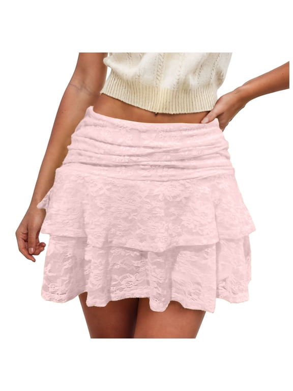 Women's High Waist Ruffle Flowy Mini Skirts Stretchy Waist Solid Lined Layered Pleated Casual Beach Short Skirt,Pink S