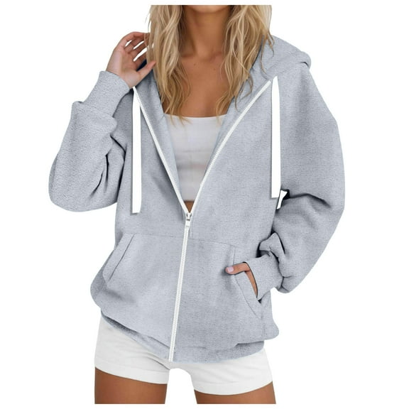 UAYOTSE Women's Hooded Sweatshirt Casual Soft Brushed Fleece Hoody Drop Shoulder Full Zip Up Hoodie(G219-Light Gray,XL)