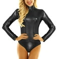 thumbnail image 1 of UAYOTSE Women's Shiny Metallic Long Sleeve Turtleneck Thong Leotards Gymnastics Bodysuit Clubwear,XL Black, 1 of 6