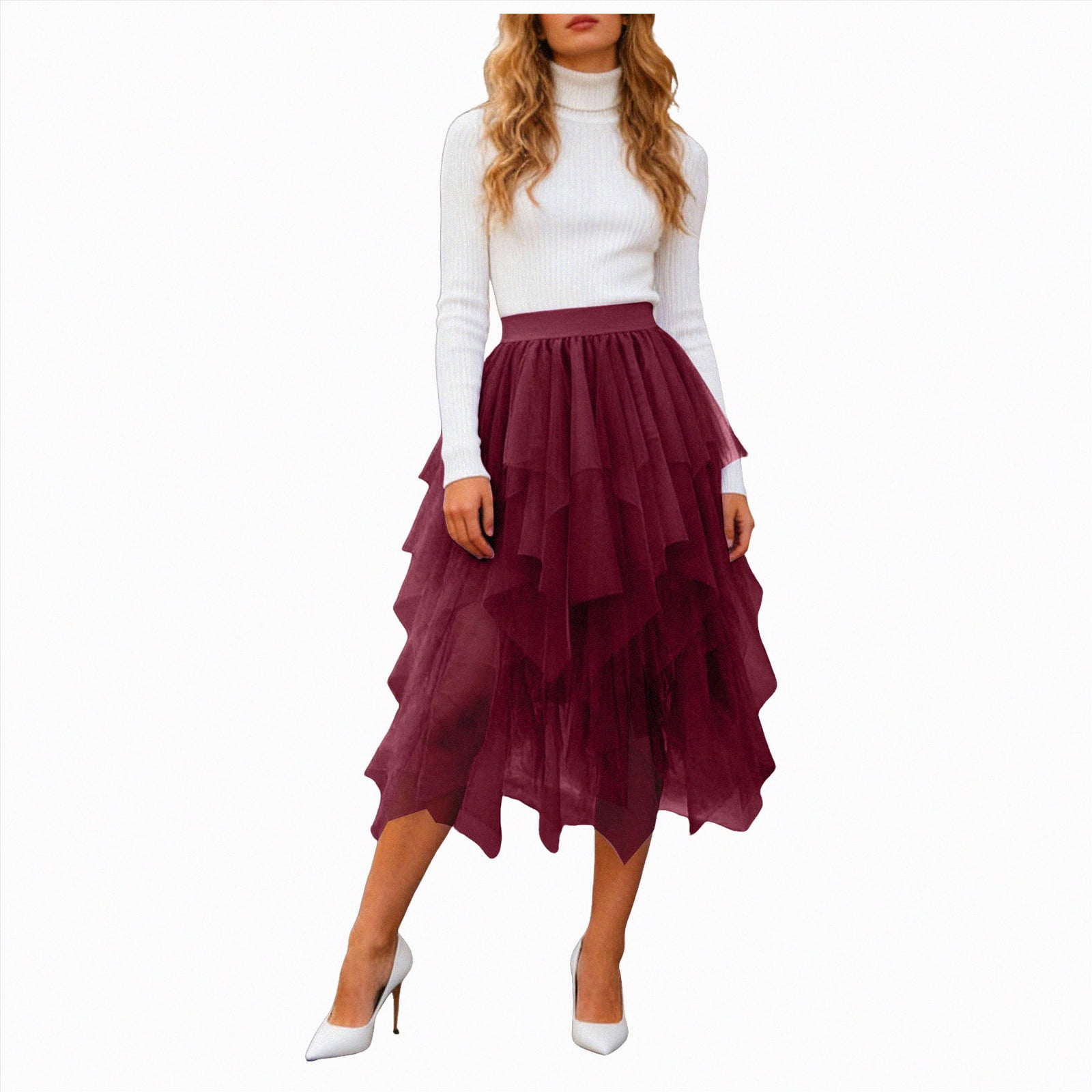 UAYOTSE Women's Tulle Skirts High Low Layered A-line Midi Skirt
