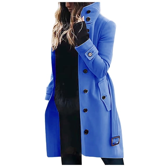 UAYOTSE Women's Winter Lapel Double Office Work Long Wool Pea Coat Overcoat,Blue XXL