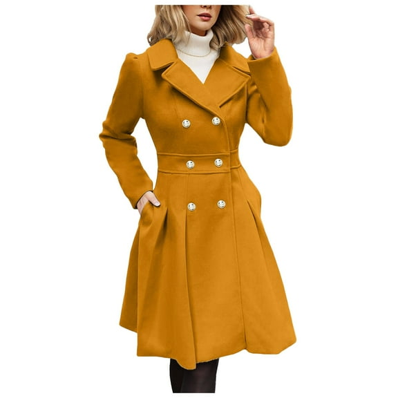 UAYOTSE Womens Black Trench Coat Notched Lapel Single Breasted Long Pea coat Overcoat,Yellow S