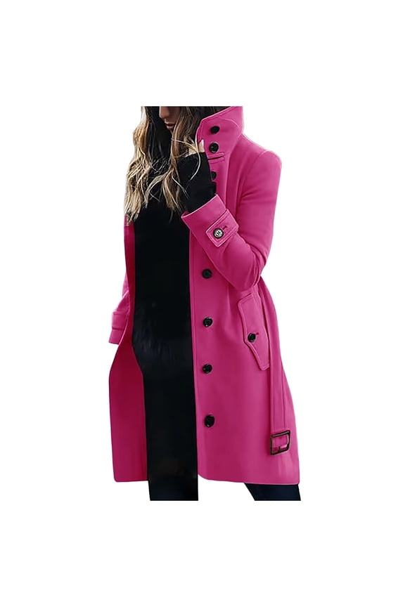 Womens Classic Coat Lapel Collar Open Front Belted Long Jacket,Hot Pink XXL