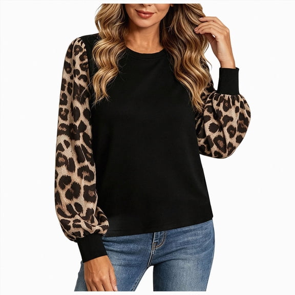 UAYOTSE Womens Crew Neck Blouse Contrast Leopard Print Puff Long Sleeve Loose Casual Shirt for Daily Wear