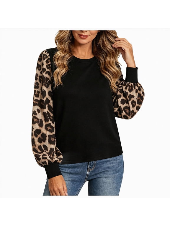 Womens Crew Neck Blouse Contrast Leopard Print Puff Long Sleeve Loose Casual Shirt for Daily Wear