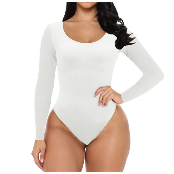 UAYOTSE Womens Long Sleeve Bodysuits Fall Basic Round Neck Lightweight Double Lined Layering Slim Body Suit Tops,XL White
