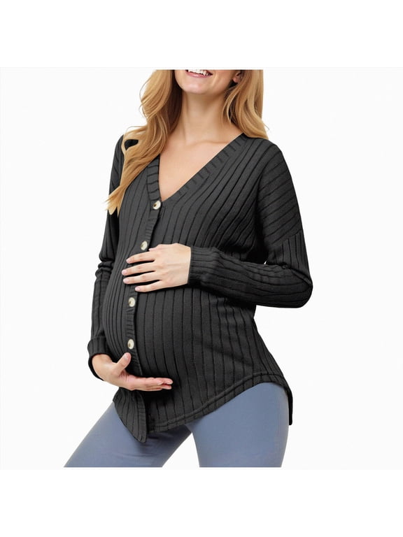 Womens Maternity Button Down Cardigan Ribbed Knit V Neck Slim Fit Pregnancy Sweater for Fall Winter Nursing,Sizes L