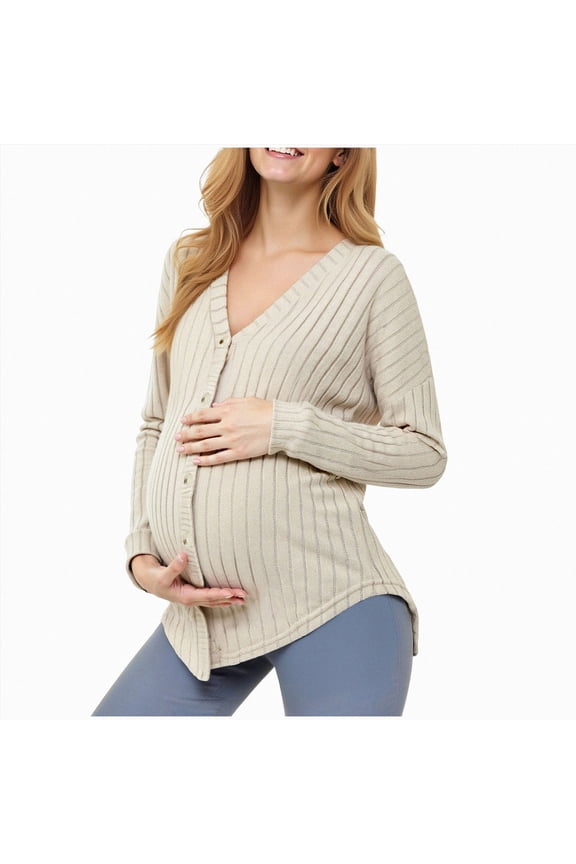 Womens Maternity Button Down Cardigan Ribbed Knit V Neck Slim Fit Pregnancy Sweater for Fall Winter Nursing,Sizes S