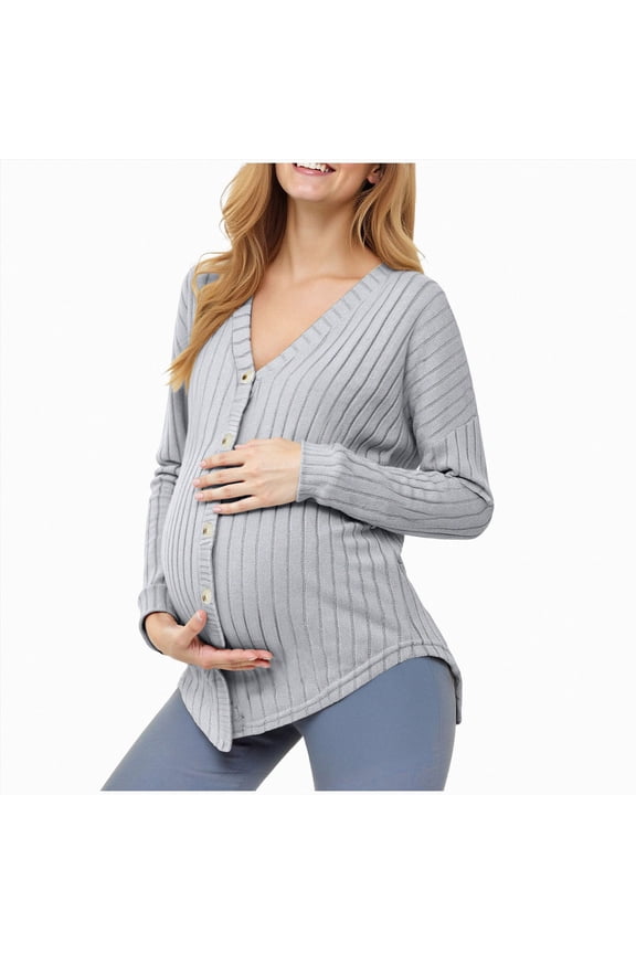 Womens Maternity Button Down Cardigan Ribbed Knit V Neck Slim Fit Pregnancy Sweater for Fall Winter Nursing,Sizes XL