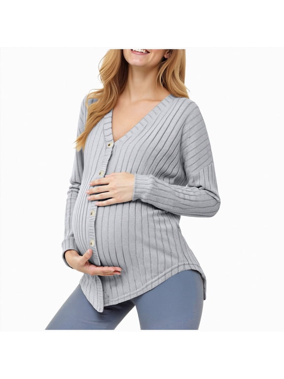 Womens Maternity Button Down Cardigan Ribbed Knit V Neck Slim Fit Pregnancy Sweater for Fall Winter Nursing,Sizes XL