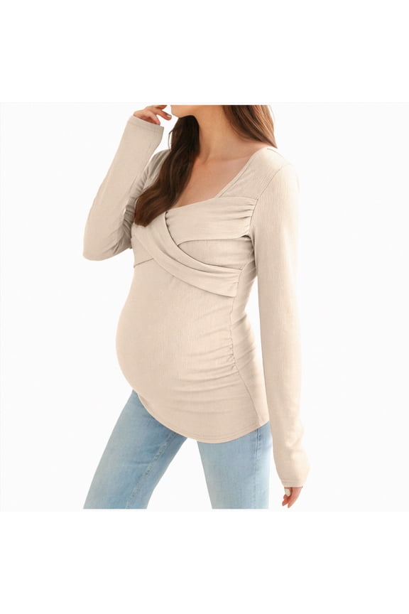 Womens Maternity Cross Front Top Fitted Ruched Long Sleeve Shirt Square Neck Pregnancy Tee for Fall Winter,Sizes L