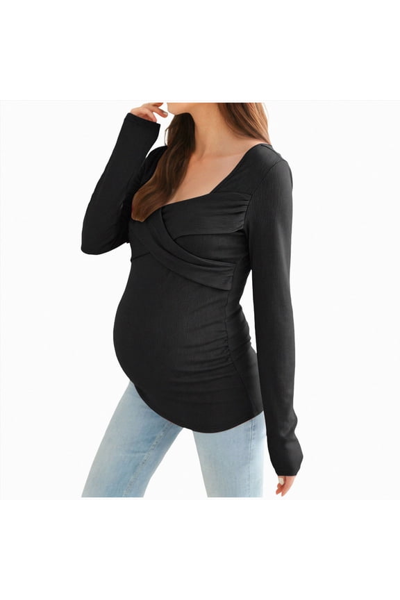 Womens Maternity Cross Front Top Fitted Ruched Long Sleeve Shirt Square Neck Pregnancy Tee for Fall Winter,Sizes M
